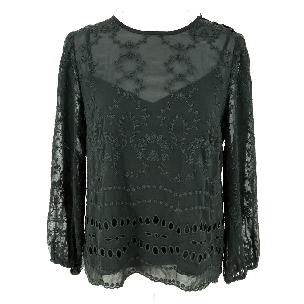 J Crew Top Womens Small Black Sheer Embroidered Camisole Lining Blouse Romantic